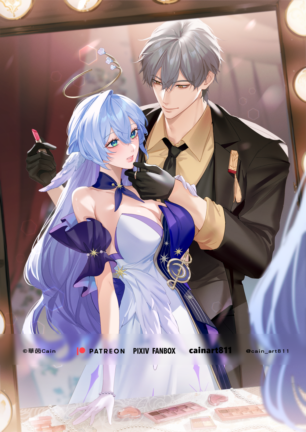 1boy 1girl bare_shoulders black_gloves black_necktie black_vest blue_hair blush breasts brown_shirt caelus_(honkai:_star_rail) cain_art811 cleavage cosmetics dress elbow_gloves gloves green_eyes grey_hair halo hand_on_another&#039;s_chin head_wings highres holding holding_lipstick_tube honkai:_star_rail honkai_(series) large_breasts lipstick_tube long_hair looking_at_another necktie robin_(honkai:_star_rail) shirt short_hair smile strapless strapless_dress trailblazer_(honkai:_star_rail) vest white_dress white_gloves white_wings wings yellow_eyes