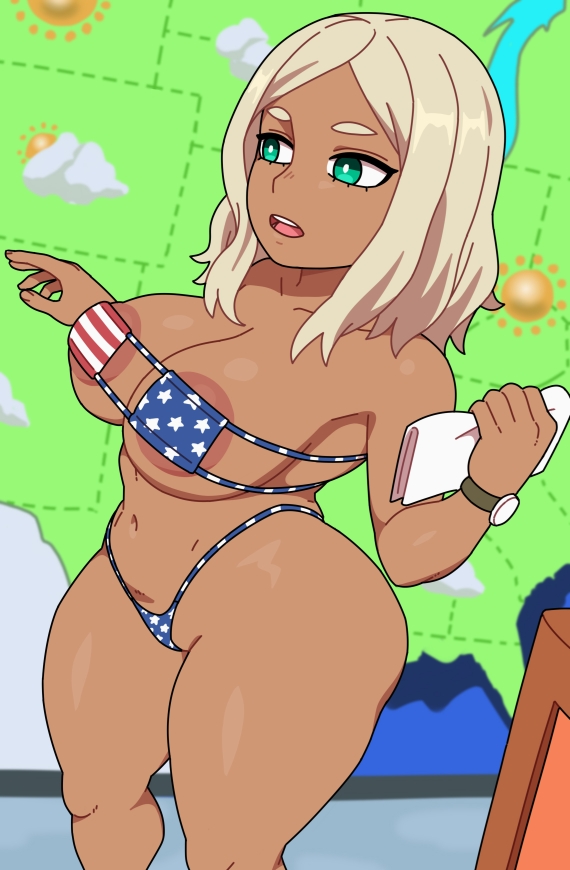 1girl american_flag american_flag_print bikini blonde_hair boku_no_hero_academia breasts collarbone curvy dark-skinned_female dark_skin expressionless eyebrows eyepatch_bikini feet_out_of_frame female_focus flag_print green_eyes hands_up indoors kabeume large_breasts long_hair meryl_(boku_no_hero_academia) navel open_mouth solo standing swimsuit teeth thick_eyebrows thick_thighs thighs upper_teeth_only wide_hips