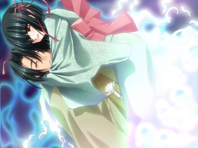 1boy 1girl black_hair brown_eyes carnelian dutch_angle closed_eyes game_cg glowing hair_ribbon happy hetero hug japanese_clothes kimono night_demon ribbon ryuujou_mashiro ryuujou_yuuren short_hair smile