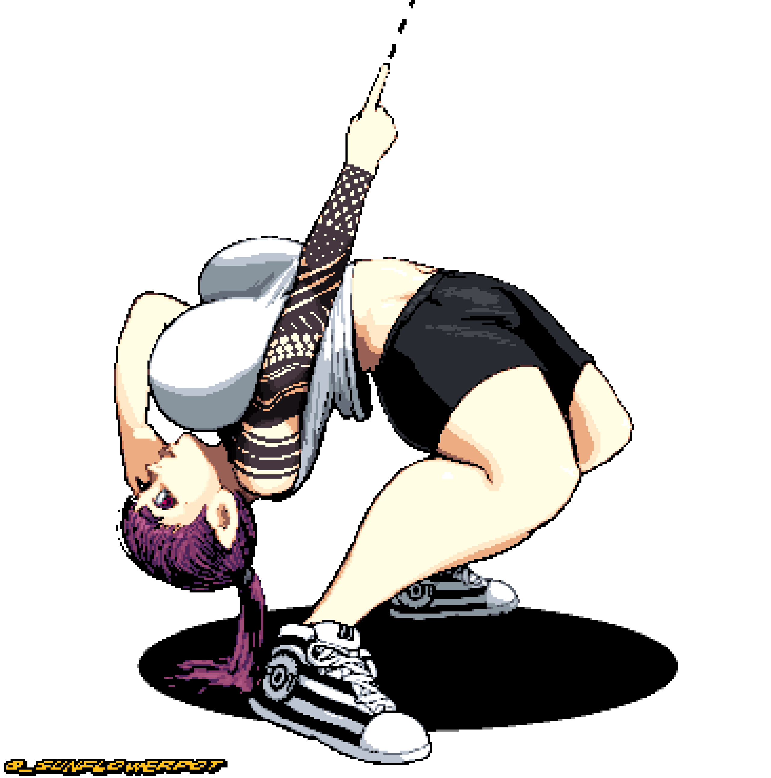 1girl absurdres bad_tag bike_shorts breasts female female_focus highres huge_breasts large_breasts long_hair looking_at_viewer middle_finger pointing ponytail purple_eyes purple_hair red_eyes shoes short_hair shorts simple_background sneakers solo sunflowerpot tagme tattoo