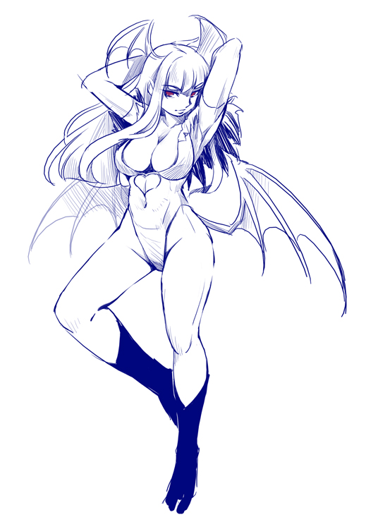 1girl arms_up breasts darkstalkers female_focus head_wings kubocha large_breasts long_hair looking_at_viewer monochrome morrigan_aensland pantyhose red_eyes simple_background solo spot_color white_background wings