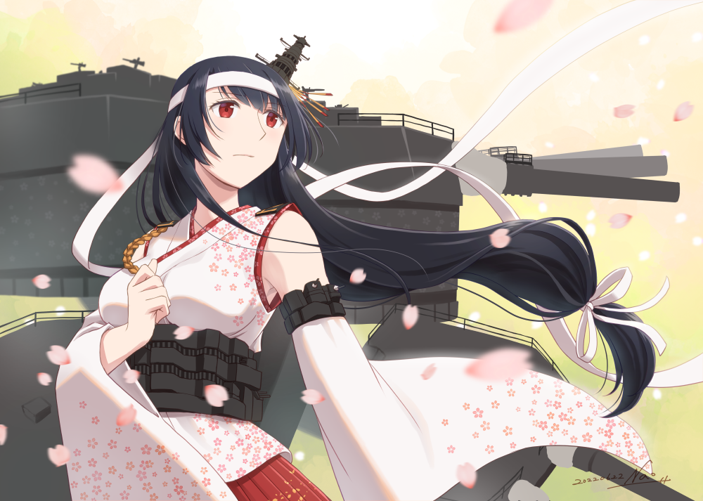 1girl bare_shoulders black_hair blush closed_mouth detached_sleeves floral_print fusou_(kancolle) fusou_kai_ni_(kancolle) hair_ornament hakama hakama_skirt japanese_clothes kantai_collection long_hair machinery nao_(nao_eg) nontraditional_miko petals red_eyes red_hakama rigging skirt solo turret wide_sleeves