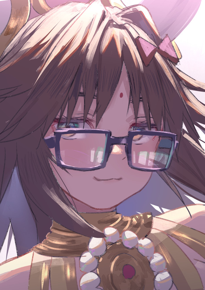 1girl :3 bindi black-framed_eyewear bow brown_eyes brown_hair facial_mark fate/extra fate/extra_ccc fate/grand_order fate_(series) forehead_mark ganesha_(fate) glasses hair_bow jewelry jinako_carigiri long_hair looking_at_viewer portrait satsuki_neko simple_background solo white_background