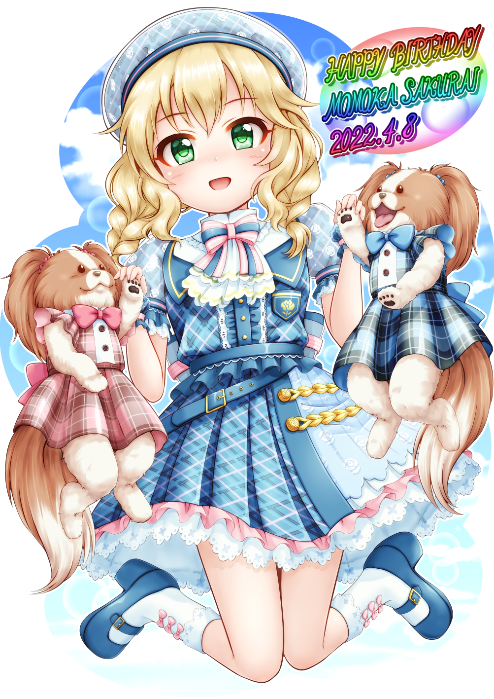 1girl :d animal belt belt_buckle beret blonde_hair blue_belt blue_bow blue_bowtie blue_dress blue_footwear blue_hat blue_shirt blue_skirt blush bobby_socks bow bowtie braid buckle character_name clothed_animal commentary_request dated dog dog_request dress full_body green_eyes happy_birthday hat high_heels highres idolmaster idolmaster_cinderella_girls idolmaster_cinderella_girls_starlight_stage long_hair looking_at_viewer open_mouth pink_bow pink_bowtie pink_dress plaid_clothes plaid_dress plaid_shirt plaid_skirt pleated_dress pleated_skirt puffy_short_sleeves puffy_sleeves regular_mow sakurai_momoka shirt shoes short_sleeves skirt smile socks solo tongue tongue_out twin_braids white_socks