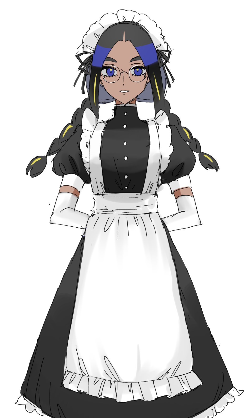 1girl alternate_costume apron arms_behind_back black_dress black_hair blue_eyes braid buttons commentary_request creatures_(company) dress elbow_gloves enmaided game_freak geeta_(pokemon) glasses gloves highres long_hair looking_at_viewer lvetica maid maid_headdress nintendo parted_lips pokemon pokemon_sv round_eyewear short_sleeves simple_background smile solo twin_braids twintails white_apron white_background white_gloves