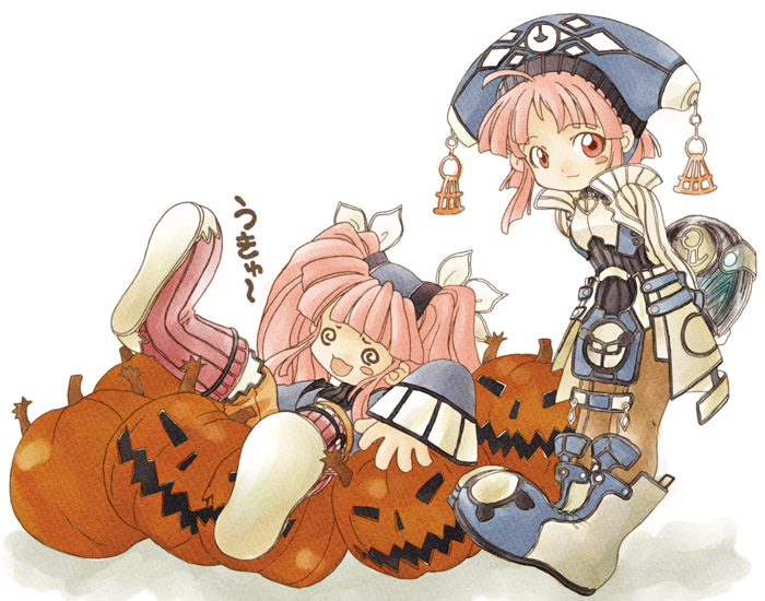 2girls :3 :d @_@ ahoge arms_behind_back blue_hat blunt_bangs blush_stickers commentary_request defeat dewprism hat jack-o&#039;-lantern long_hair long_sleeves looking_at_viewer maya_(dewprism) mint_(dewprism) multiple_girls open_mouth pink_eyes pink_hair pumpkin short_hair siblings sidelocks simple_background single_blush_sticker sisters smile spiral-only_eyes toki_hal twintails white_background wide_sleeves