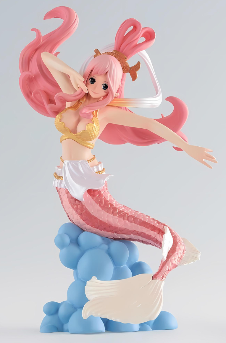 1girl action_figure blue_eyes breasts curvy grey_background looking_to_the_side mermaid monster_girl one_piece pink_hair princess shirahoshi