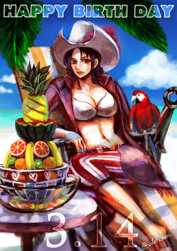 1girl alvida_(one_piece) banana beach bikini bikini_top_only bird birthday capri_pants cowboy_hat food fruit grapefruit hat kiwi_(fruit) ocean one_piece orange_(fruit) pants parrot pineapple pirate sitting swimsuit watermelon