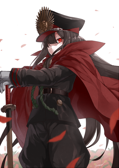 1girl belt black_hair cape crest eiri_(eirri) family_crest fate_(series) female_focus gloves hair_over_one_eye hat koha-ace long_hair long_sleeves looking_at_viewer military military_uniform oda_nobunaga_(fate) oda_nobunaga_(koha-ace) red_eyes solo standing sword weapon white_gloves