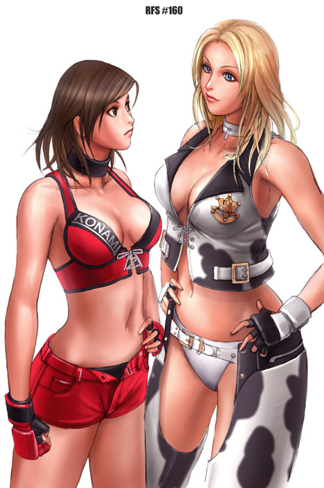 2girls bikini blonde_hair blue_eyes breasts brown_hair chaps collar dixie_clemets gloves hinomoto_reiko large_breasts multiple_girls rumble_roses ryu_(ryu&#039;s_form_site) short_shorts shorts swimsuit