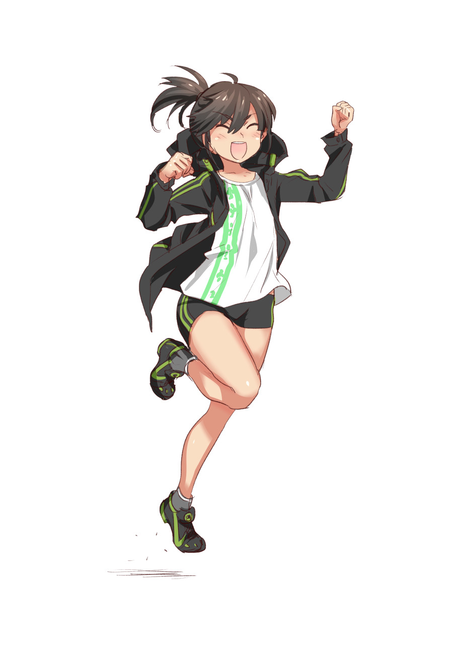 1girl :d bike_shorts brown_hair closed_eyes fujisawa_takashi highres jacket jumping open_mouth original ponytail smile solo track_jacket white_background