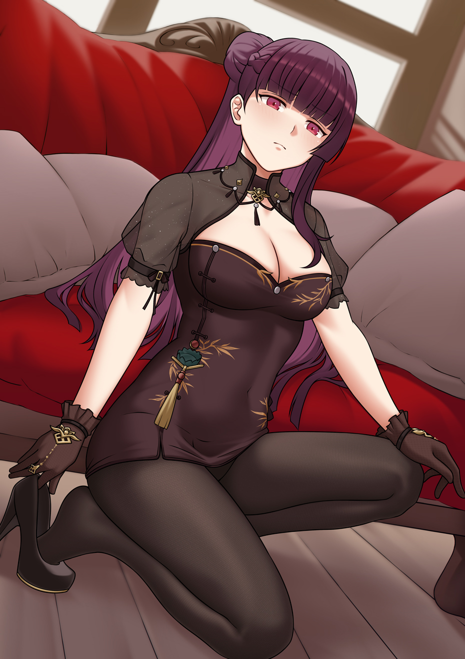 1girl bbk_(13zk) black_dress black_gloves black_pantyhose breasts china_dress chinese_clothes dress fine_fabric_emphasis girls&#039;_frontline girls&#039;_frontline_2:_exilium gloves hair_bun highres large_breasts long_hair pantyhose purple_hair red_eyes wa2000_(girls&#039;_frontline)