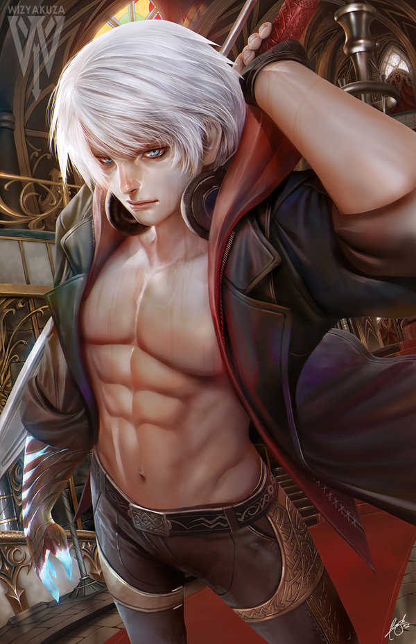 1boy abs artist_name bare_pectorals black_pants blue_eyes coat collared_coat commentary devil_bringer devil_may_cry devil_may_cry_(series) devil_may_cry_4 english_commentary fingerless_gloves gloves glowing glowing_hand gold_trim groin headphones headphones_around_neck hood hood_down hooded_coat left-handed lips looking_at_viewer male_focus navel nero_(devil_may_cry) nose pants pectorals realistic red_queen_(sword) short_hair sleeves_rolled_up solo trench_coat white_hair wizyakuza