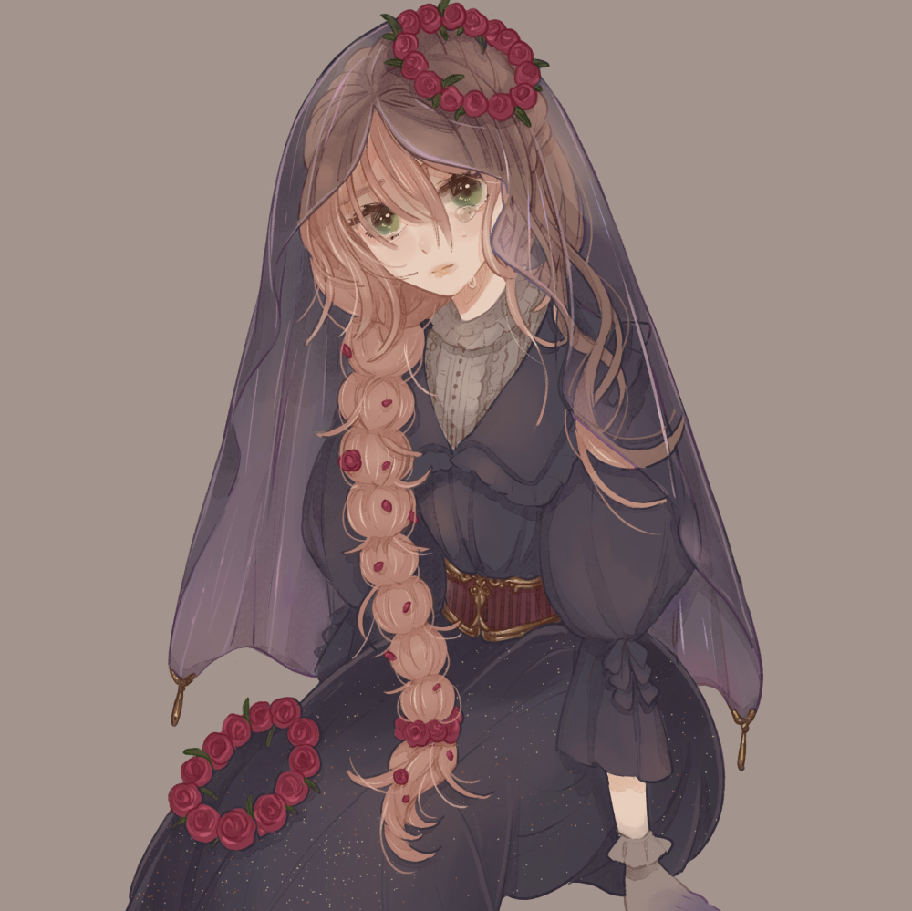 1girl belt blush braid brown_background brown_hair crying dress flower flower_wreath gloves green_eyes hair_flower hair_ornament head_wreath invisible_chair long_hair looking_at_viewer original rose sitting solo tears veil very_long_hair yunoto_(conceit)