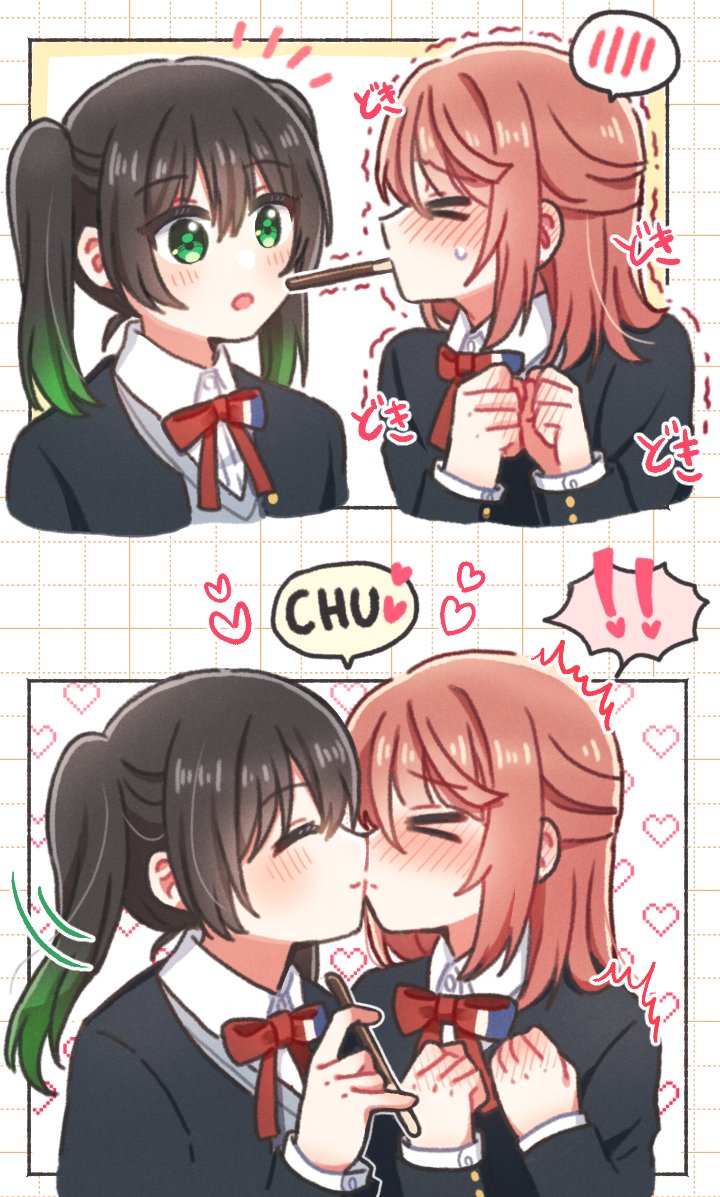 &gt;_&lt; 2girls black_hair black_jacket blush bow bowtie collared_shirt commentary_request food green_eyes green_hair grid_background half_updo hand_blush heart jacket kiss love_live! love_live!_nijigasaki_high_school_idol_club multicolored_hair multiple_girls nijigasaki_school_uniform open_mouth orange_hair pocky pocky_day pocky_kiss red_bow red_bowtie school_uniform shared_food shirt smile streaked_hair takasaki_yu trembling twintails uehara_ayumu white_background white_shirt yoon_(yoon_lovelive) yuri