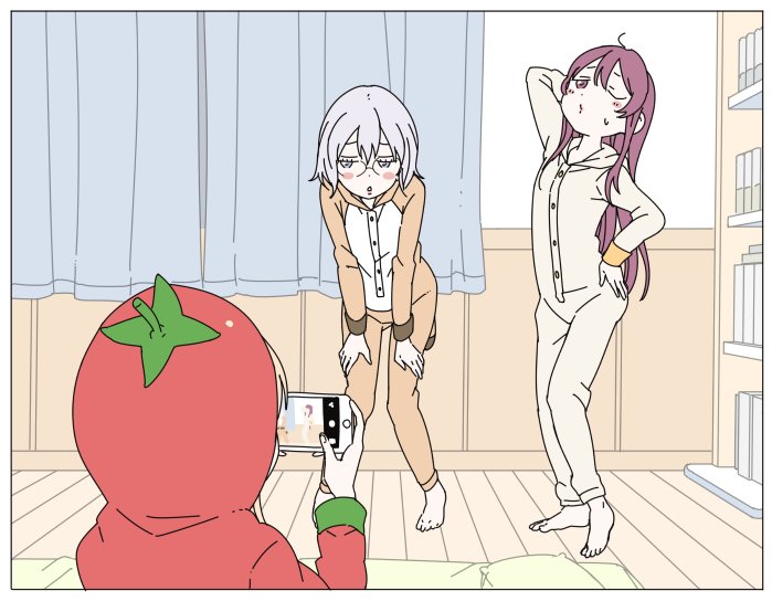 3girls barefoot blush_stickers buttons camera cellphone glasses grey_hair hair_down ikeda_chitose ikeda_keisuke indoors multiple_girls pajamas phone purple_hair sugiura_ayano sweatdrop tomato_costume toshinou_kyouko yuru_yuri