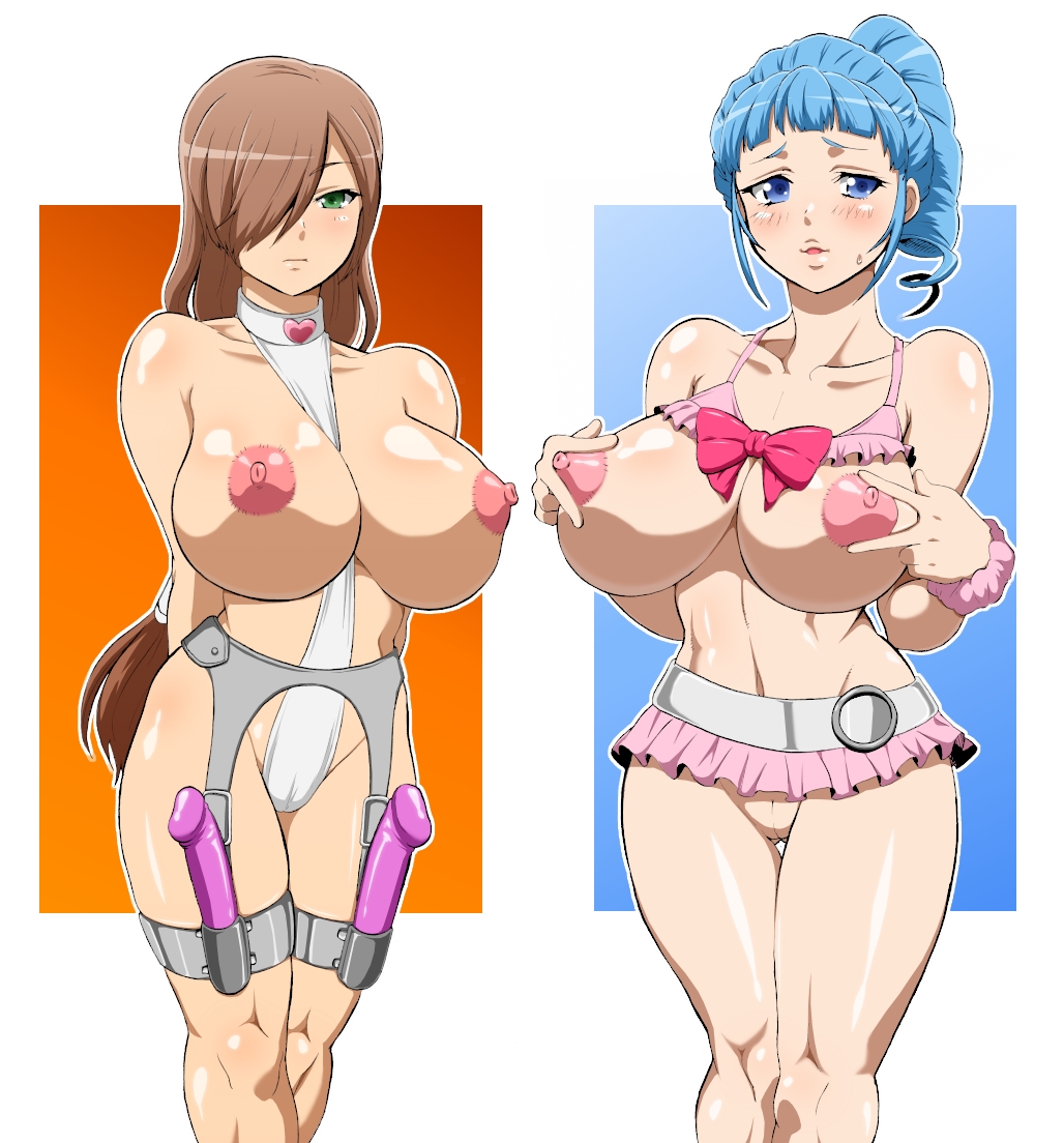 2girls ange_serena blue_eyes blue_hair blush breasts brown_hair cameltoe cleft_of_venus curly_hair dildo drill_hair garter_straps green_eyes hair_over_one_eye high_ponytail hokuto_(tokuho) large_breasts long_hair looking_at_viewer multiple_girls nipples ponytail pussy revealing_clothes sex_toy standing swimsuit tales_of_(series) tales_of_innocence tales_of_the_abyss tear_grants