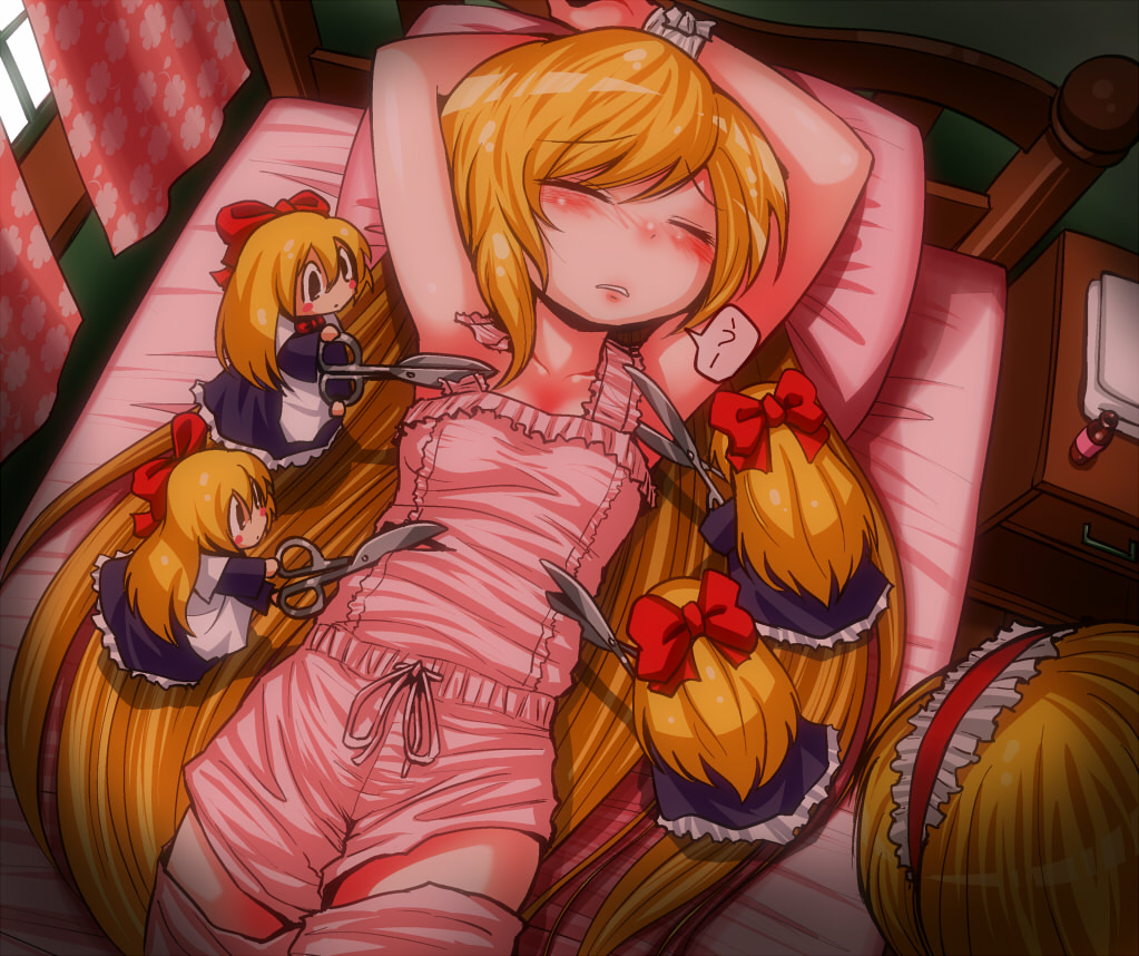 2girls alice_margatroid apron arms_up bad_id bad_pixiv_id bed blonde_hair blue_dress blush bow collarbone curtains cutting_clothes dress closed_eyes hair_bow hairband kirisame_marisa lolita_hairband long_hair lying multiple_girls namakara_exe nightgown on_back on_bed scissors shanghai_doll touhou very_long_hair waist_apron window you_gonna_get_raped