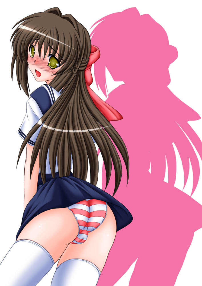 00s 1boy ass blush bow brown_hair bulge clannad clothes_lift crossdressing hair_bow hair_intakes izumi_yayoi long_hair looking_at_viewer looking_back male_focus open_mouth panties pantyshot school_uniform serafuku shima_katsuki skirt skirt_lift solo striped_clothes striped_panties thighhighs trap underwear white_thighhighs yellow_eyes