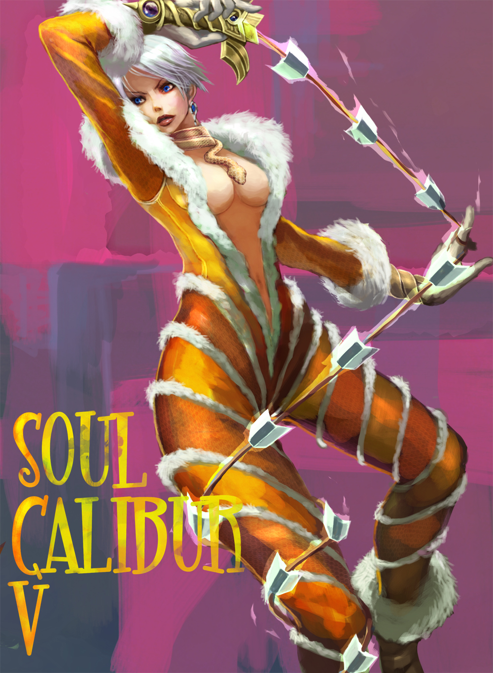 1girl alternate_costume blue_eyes breasts cleavage earrings female_focus gloves highres isabella_valentine jewelry karee large_breasts lips revealing_clothes short_hair solo soul_calibur soulcalibur soulcalibur_v sword weapon white_gloves white_hair