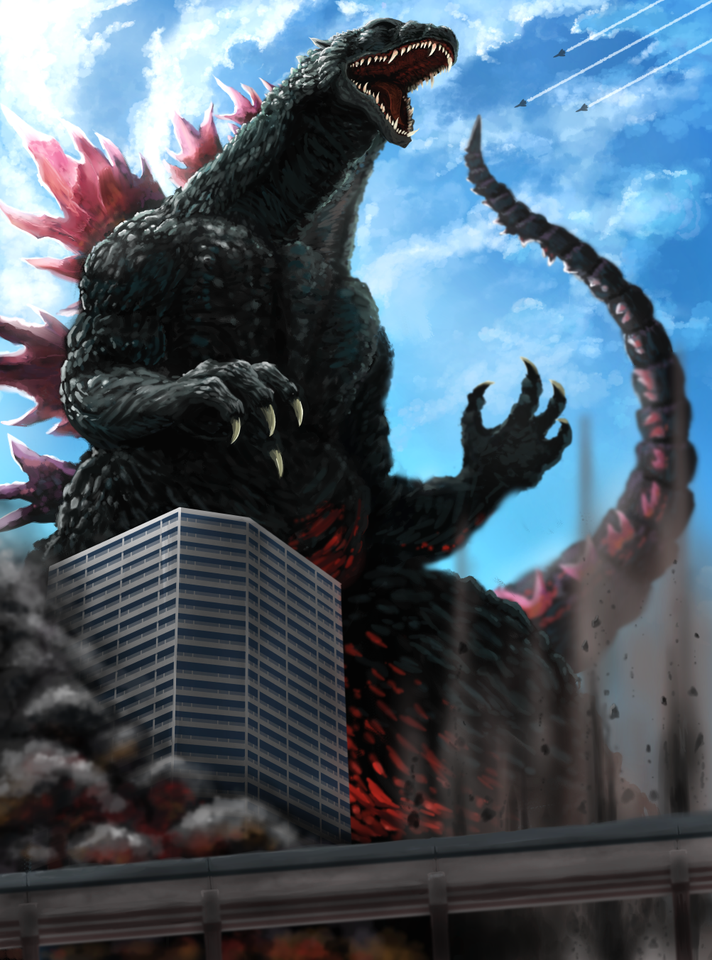 aircraft airplane blue_sky building claws cloud day dinosaur dust fighter_jet giant giant_monster godzilla godzilla_(series) godzilla_vs._megaguirus highres jet kaiju military military_vehicle monster no_humans open_mouth overpass roaring sharp_teeth sky smoke spikes suttoko tail teeth toho tongue