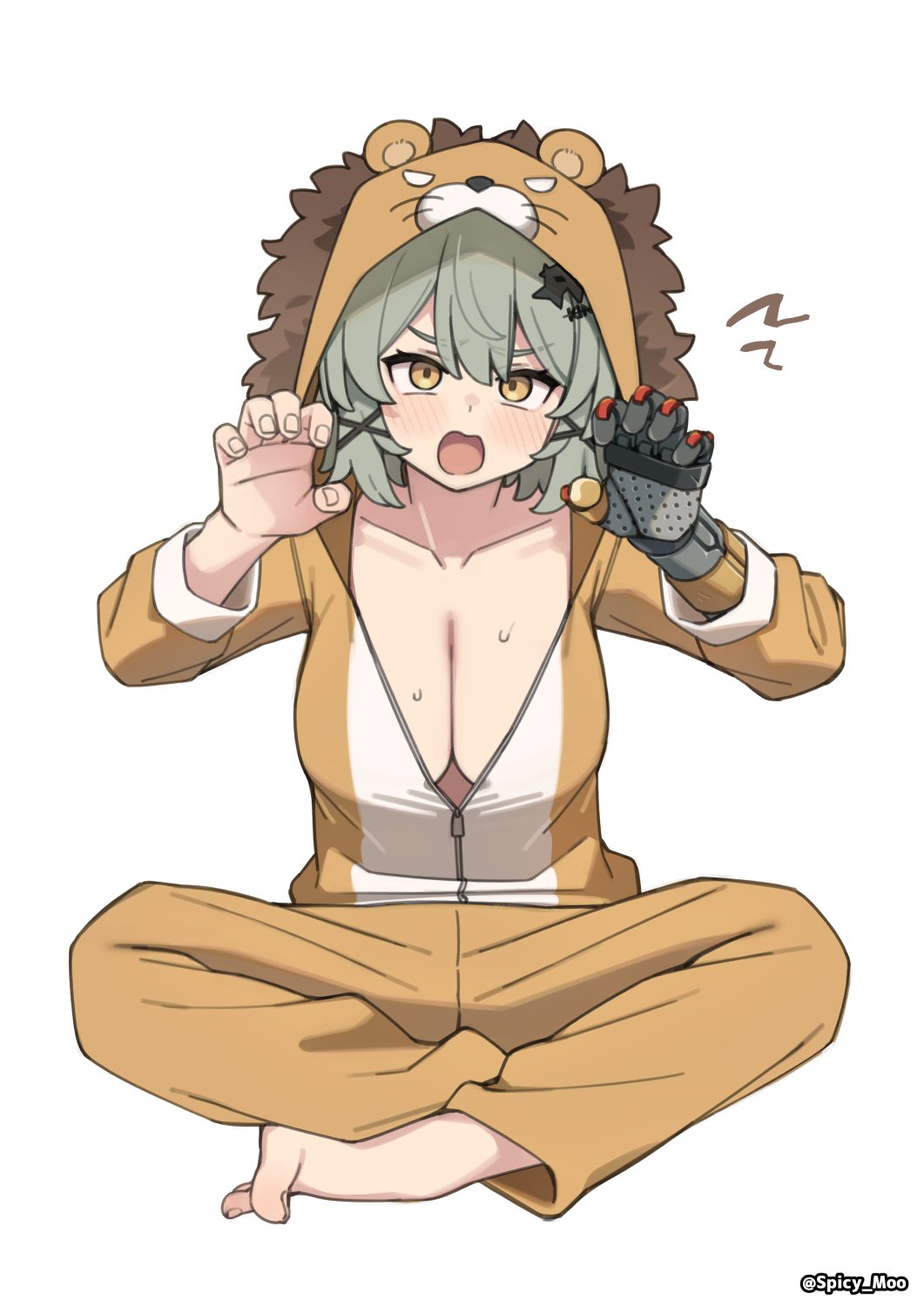 1girl alternate_costume animal_costume barefoot blush breasts caesar_king_(zenless_zone_zero) cleavage feet furrowed_brow green_hair hair_between_eyes highres large_breasts lion_costume looking_at_viewer open_mouth sidelocks simple_background sitting solo spicy_moo sweatdrop toenails toes white_background yellow_eyes zenless_zone_zero