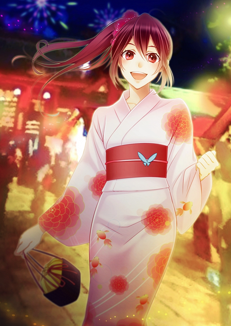 10s 1girl bad_id bad_pixiv_id blush e_sasaoka female_focus free! japanese_clothes kimono long_hair matsuoka_gou obi open_mouth ponytail red_eyes red_hair sash smile solo