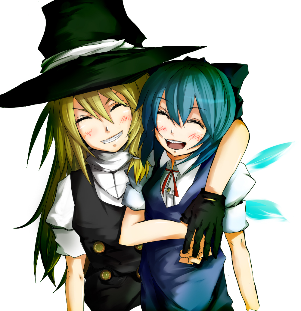 2girls bad_id bad_pixiv_id blonde_hair blue_hair blush bow cirno flimflam gloves hair_bow hat kirisame_marisa long_hair multiple_girls short_hair touhou wings witch witch_hat