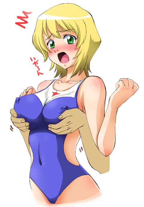 00s 1girl akiyama_kenta blonde_hair blush breasts covered_erect_nipples erstin_ho garderobe_swimsuit grabbing_another&#039;s_breast green_eyes groping large_breasts my-otome nipples one-piece_swimsuit open_mouth short_hair solo_focus surprised surprised_arms swimsuit tears translation_request