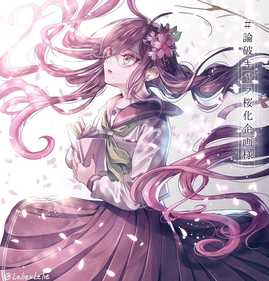 1girl black_sailor_collar black_skirt book brown_eyes brown_hair danganronpa:_trigger_happy_havoc danganronpa_(series) female_focus floating_hair fukawa_toko glasses green_neckerchief holding holding_book long_hair long_sleeves looking_up mole mole_under_mouth nail_polish neckerchief open_mouth pleated_skirt red_nails rimless_eyewear round_eyewear sailor_collar school_uniform serafuku shirt skirt solo standing twitter_username very_long_hair white_shirt z-epto_(chat-noir86)