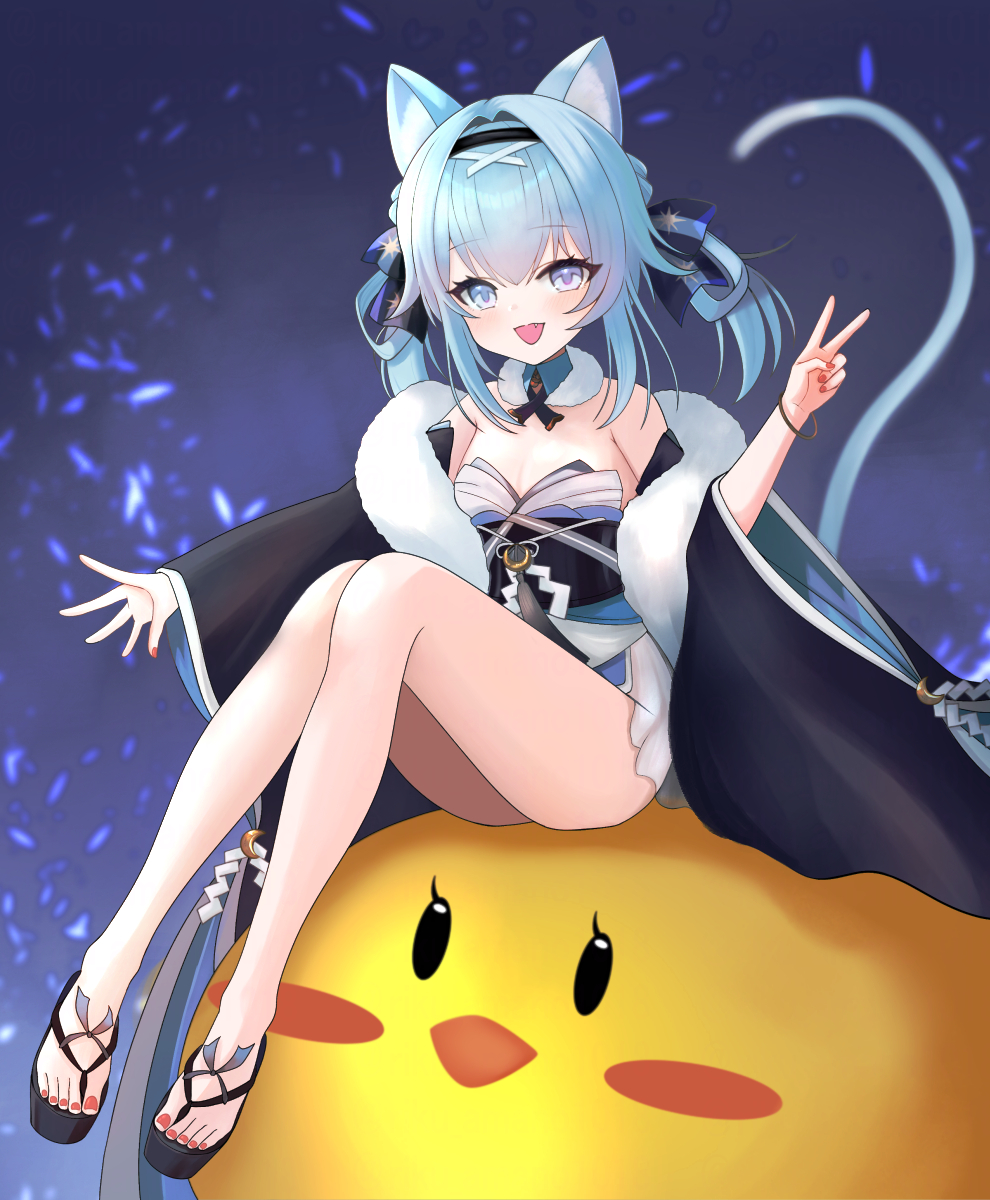 1girl animal_ear_fluff animal_ears azur_lane bare_shoulders black_footwear black_hairband black_kimono blue_eyes blue_hair bracelet cat_ears cat_girl cat_tail fang hairband highres japanese_clothes jewelry kimono long_sleeves looking_at_viewer manjuu_(azur_lane) medium_hair red_nails riku_amano1018 suzunami_(azur_lane) tail v wide_sleeves