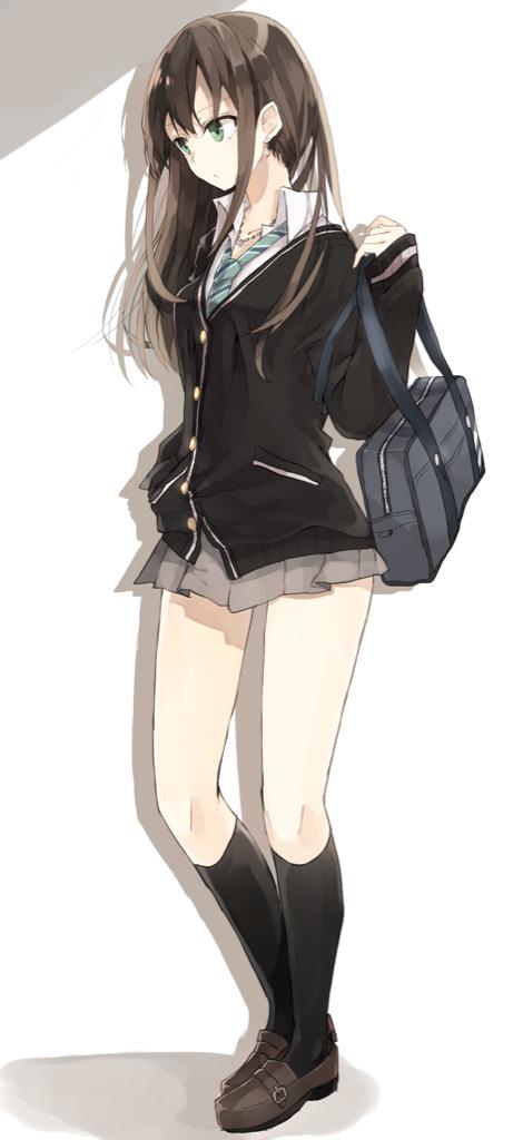 10s 1girl bag brown_hair cardigan chibirisu female_focus idolmaster idolmaster_cinderella_girls loafers long_hair necktie school_bag school_uniform shibuya_rin shoes skirt solo