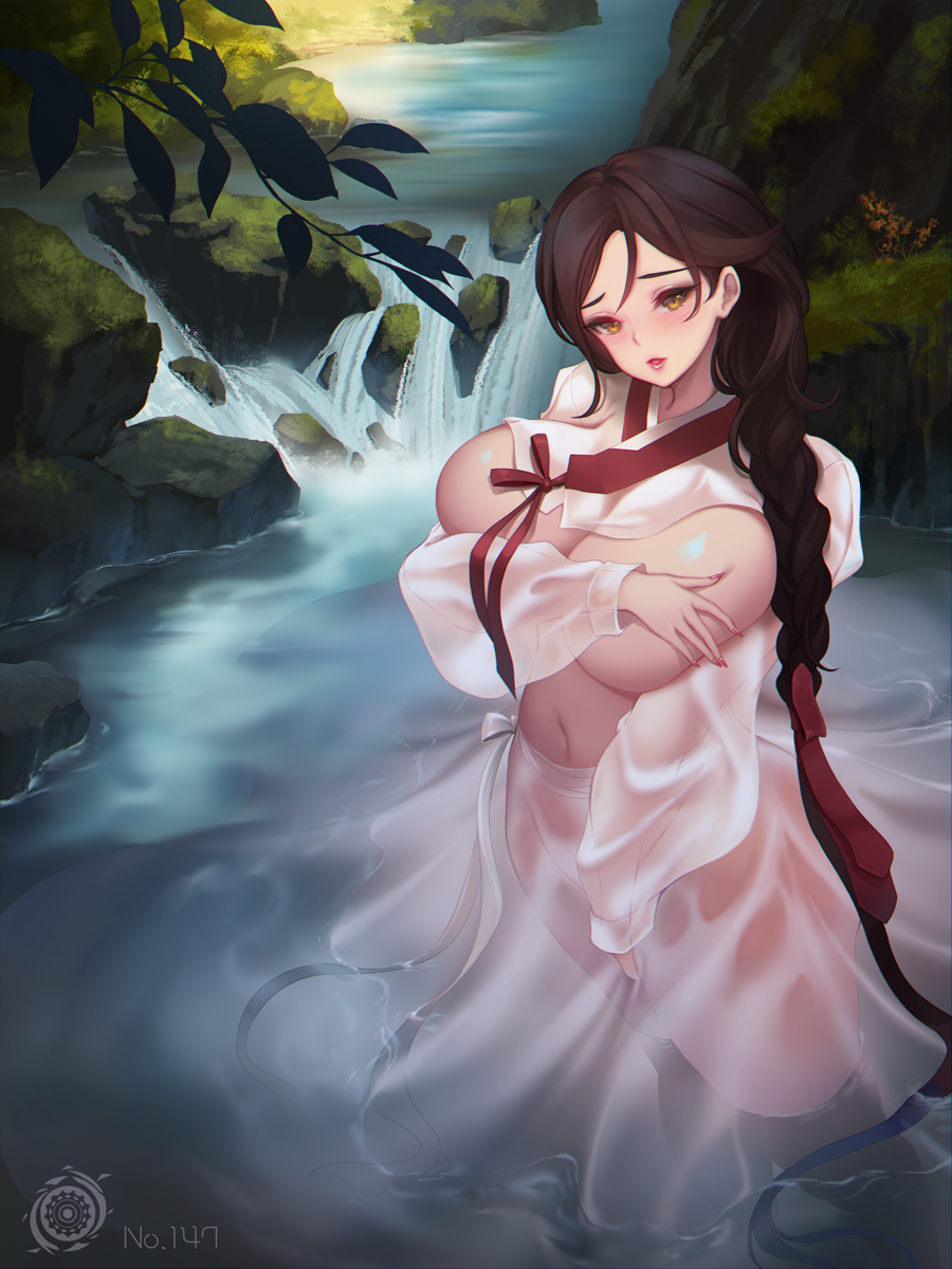 1girl blush braid breasts brown_eyes brown_hair covering_nipples covering_privates highres huge_breasts keumran_(last_origin) korean_clothes last_origin long_hair looking_at_viewer navel outdoors revision rock single_braid solo stream toriseru_(rare_stone) water waterfall wet wet_clothes