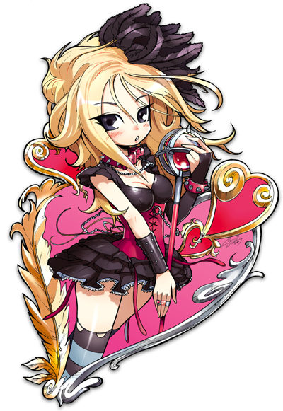 1girl artist_request blonde_hair blush breasts cleavage collar corset dragon_quest dragon_quest_swords feather_hair_ornament feathers female_focus hair_ornament jewelry ring setia skirt solo staff striped_clothes striped_thighhighs thighhighs