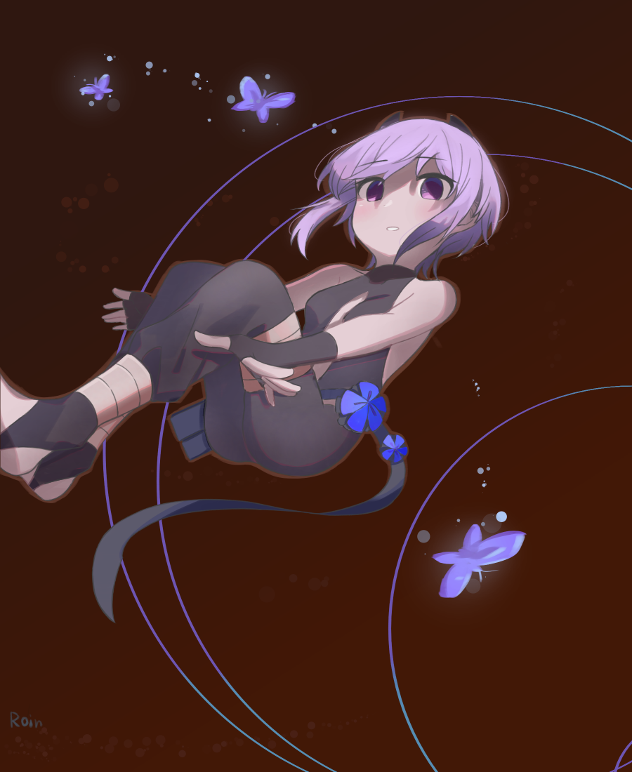 1girl animal ass bare_shoulders black_background black_bodysuit black_gloves black_socks blush bodysuit breasts bug butterfly commentary_request dark-skinned_female dark_skin fate/grand_order fate_(series) fingerless_gloves gloves hassan_of_serenity_(fate) insect looking_at_viewer no_shoes purple_eyes purple_hair roin signature small_breasts socks solo stirrup_legwear toeless_legwear