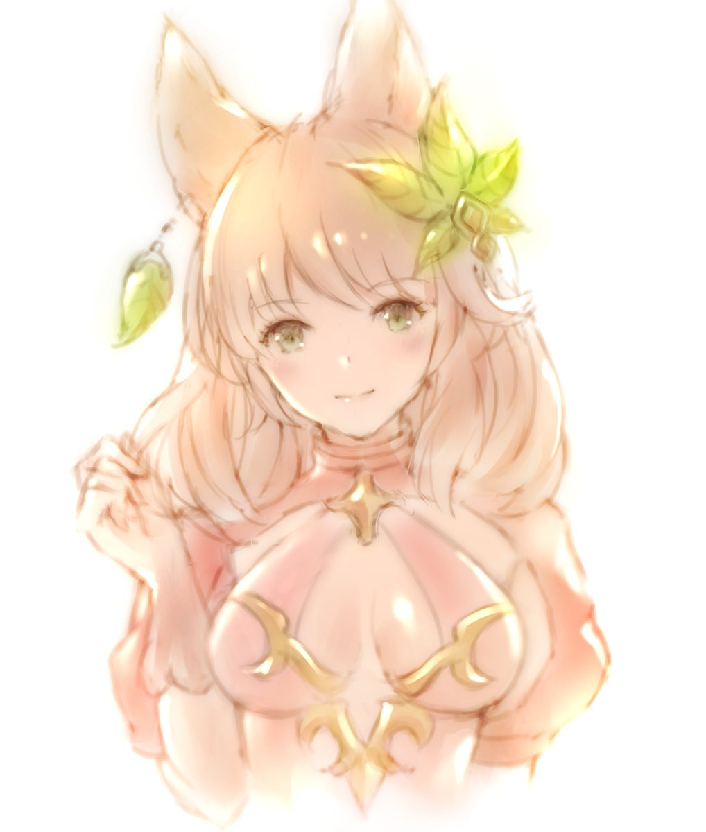 1girl animal_ears blush breasts brown_gloves brown_hair cleavage commentary_request erune female_focus gloves granblue_fantasy green_eyes hair_ornament highres la_coiffe_(granblue_fantasy) lala_(0915_yu) leaf_hair_ornament lips looking_at_viewer medium_breasts no_bra puffy_short_sleeves puffy_sleeves short_sleeves simple_background smile solo tagme upper_body white_background