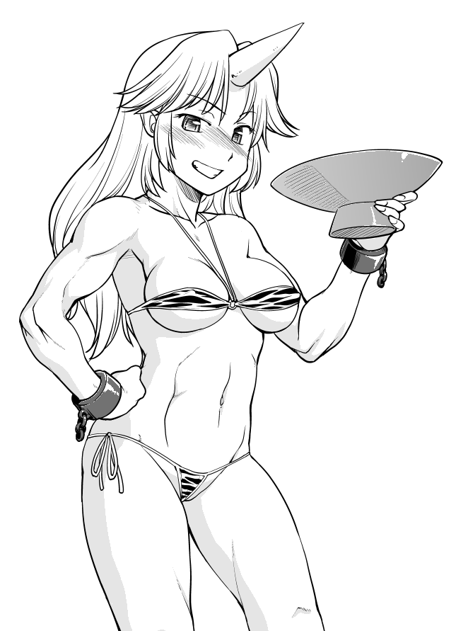 1girl animal_print bikini breasts cup female_focus greyscale grin halterneck halterneck hand_on_own_hip hinemosu_notari hip_focus horns hoshiguma_yuugi long_hair medium_breasts micro_bikini monochrome muscular muscular_female oni sakazuki side-tie_bikini_bottom single_horn smile solo swimsuit tiger_print touhou