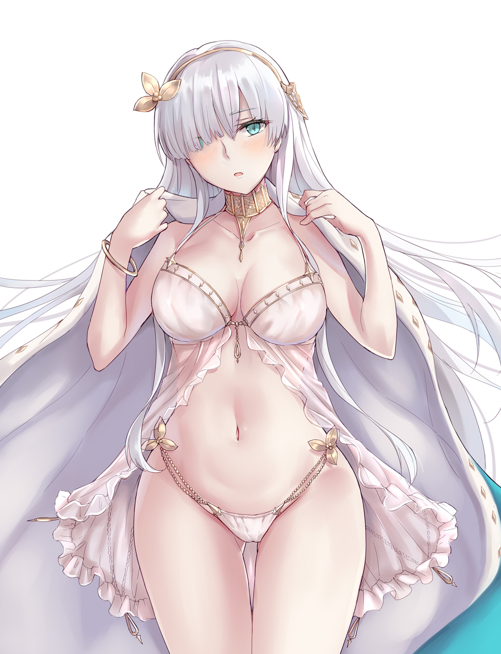 1girl anastasia_(fate) aqua_eyes babydoll bangle bare_arms bare_shoulders bracelet breasts cape cleavage collarbone fate/grand_order fate_(series) female_focus gluteal_fold groin hair_ornament hair_over_one_eye hairband head_tilt highres jewelry leaf_hair_ornament long_hair medium_breasts navel neck_ring panties silver_hair simple_background solo stomach thigh_gap thighs tsurime underwear very_long_hair white_background white_cape white_panties yellow_hairband yuemanhuaikong