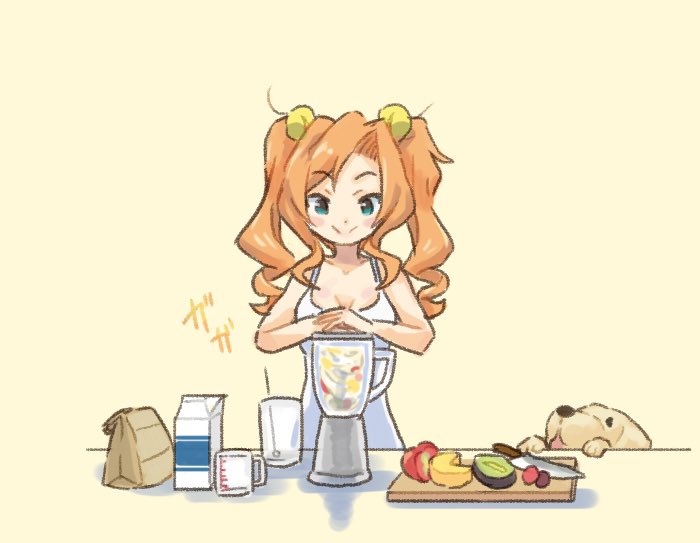 1girl avocado bag blender_(object) carton cutting_board dog dress drill_hair food fruit green_eyes honolulu_(kancolle) kantai_collection kitchen_knife measuring_cup orange_hair paper_bag saiguchi_otoufu sidelocks smile solo twin_drills white_dress