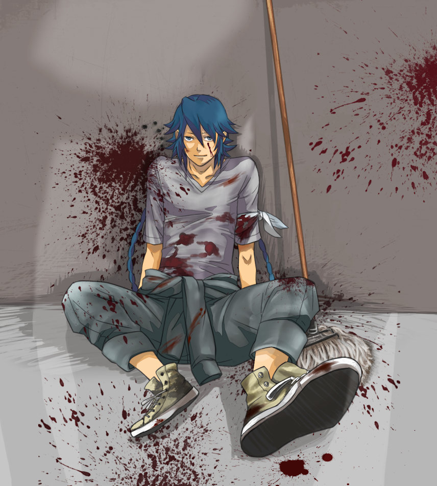 1boy blood blue_eyes blue_hair converse male_focus matching_hair/eyes mokuba mokuba_(mujo) mop original pixiv_no_ankokugai shirt shoes sneakers solo t-shirt