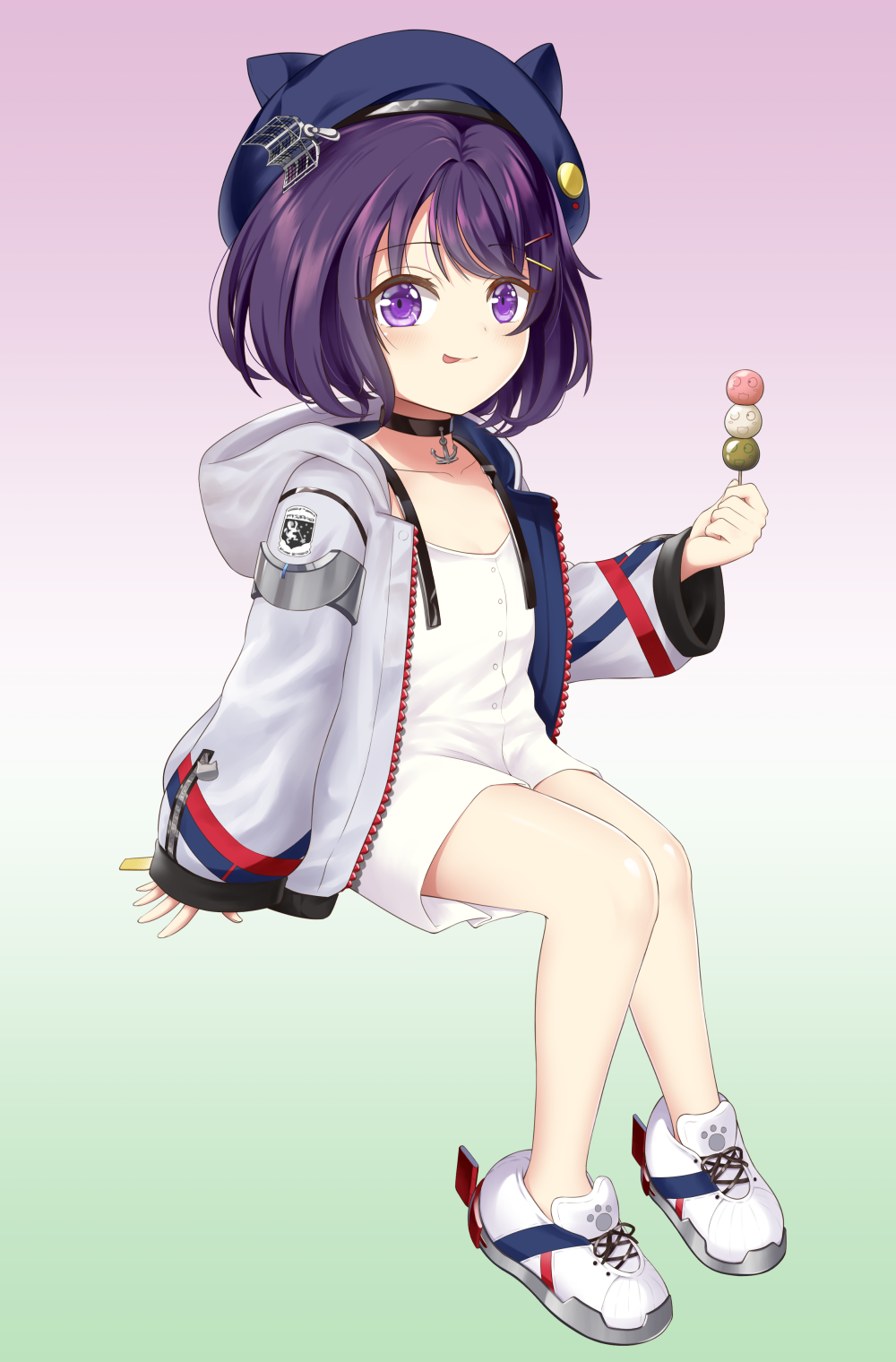 1girl :q azur_lane black_hair blue_hat bush_(azur_lane) choker commentary_request dress full_body grey_jacket hat highres jacket purple_eyes shoes short_dress short_hair sitting smile solo sundress tongue tongue_out wakata24s white_dress white_footwear