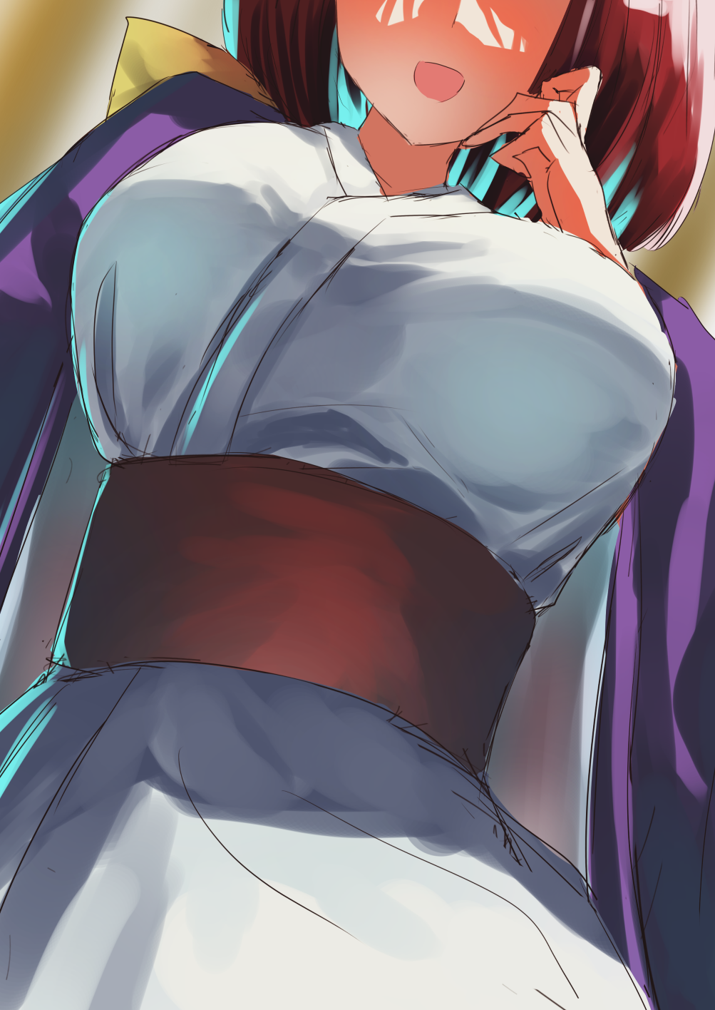 1girl blurry blurry_background blush bow breast_focus breasts head_out_of_frame highres japanese_clothes kimono kotohime_(touhou) large_breasts open_mouth red_hair solo teruteru12 touhou