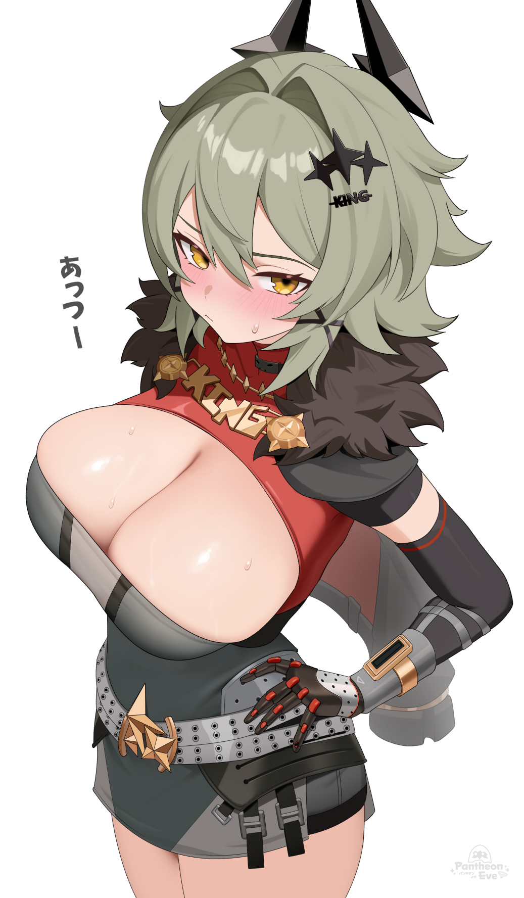 1girl :/ belt black_horns black_shirt blush breasts caesar_king_(zenless_zone_zero) cleavage cowboy_shot elbow_gloves from_above fur-trimmed_jacket fur_trim gloves green_hair grey_belt hair_intakes hand_on_own_hip highres horns jacket large_breasts looking_at_viewer pantheon_eve shirt short_hair simple_background solo sweat sweatdrop white_background yellow_eyes zenless_zone_zero