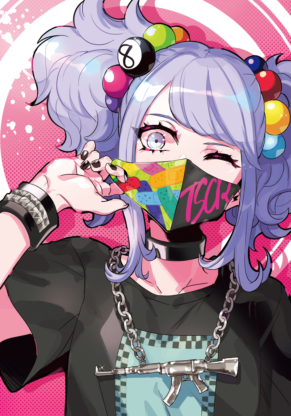 1girl black_choker black_nails choker commentary highres hime_cut jewelry long_hair looking_at_viewer mask mouth_mask nail_polish necklace original puppeteer7777 purple_eyes purple_hair shirt solo t-shirt twintails upper_body