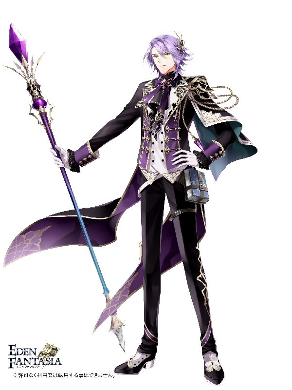 1boy araragi_soushi book copyright_name eden_fantasia full_body gloves gold_trim hair_ornament hand_on_own_hip holding holding_staff long_sleeves looking_at_viewer male_focus official_art purple_hair shoes solo staff standing thigh_strap watermark white_gloves