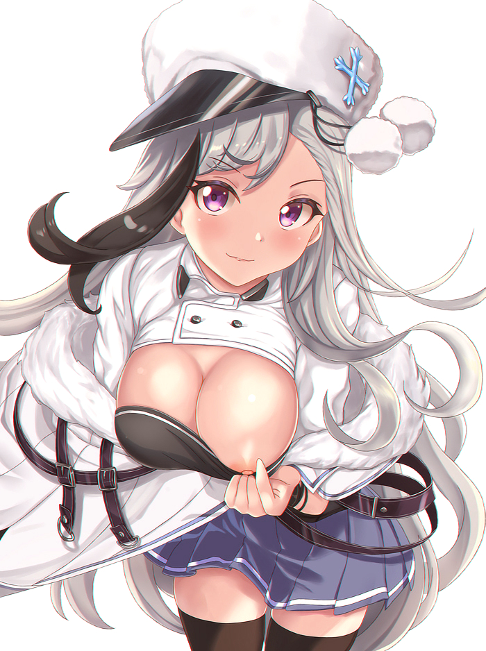 1girl azur_lane belt black_hair black_thighhighs blue_skirt blush breasts brown_belt cleavage cloak commentary commission cowboy_shot fur-trimmed_cloak fur_trim gatchapowa hat jacket leaning_forward long_hair looking_at_viewer medium_breasts minsk_(azur_lane) multicolored_hair nipples pleated_skirt pom_pom_(clothes) pulling_own_clothes purple_eyes sidelocks silver_hair simple_background skindentation skirt smile solo standing streaked_hair swept_bangs thighhighs very_long_hair white_background white_cloak white_jacket zettai_ryouiki