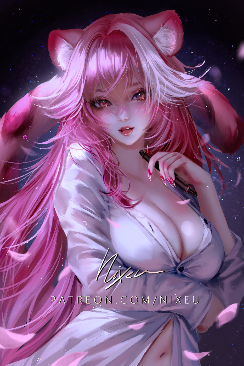 1girl animal_ear_fluff animal_ears arm_under_breasts artist_name blush breasts buttons commentary dark_background english_commentary fangs fingernails grey_hair hair_between_eyes highres holding holding_stylus hololive hololive_english large_breasts light_particles lips long_bangs long_eyelashes long_hair long_sleeves looking_at_viewer multicolored_hair navel nixeu open_mouth panther_ears panther_girl panther_tail partially_unbuttoned patreon_username pink_hair pink_nails pink_petals raora_panthera realistic sharp_fingernails shirt signature solo streaked_hair stylus tail two-tone_hair unbuttoned unbuttoned_shirt virtual_youtuber white_shirt yellow_eyes