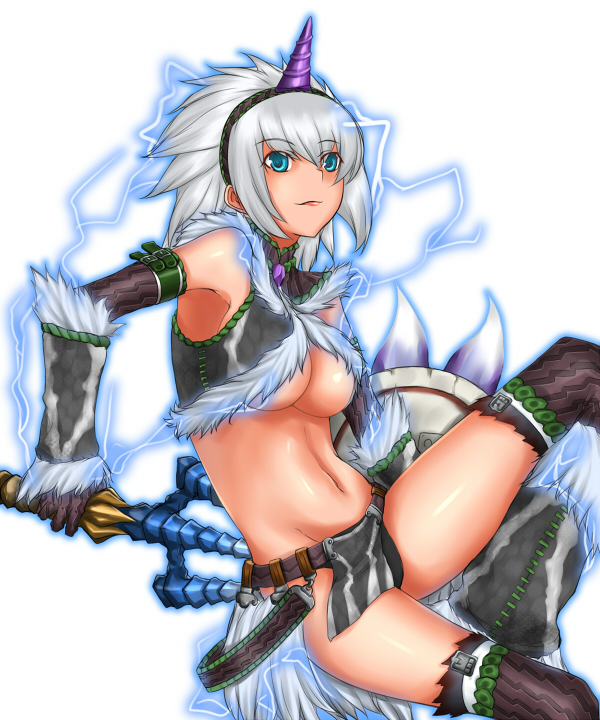 1girl armpits bare_shoulders belt blue_eyes breasts elbow_gloves electricity female_focus gloves hairband horns kirin_(armor) looking_at_viewer midriff monster_hunter_(series) rokuichi short_hair silver_hair simple_background single_horn smile solo thighhighs thighs underboob weapon