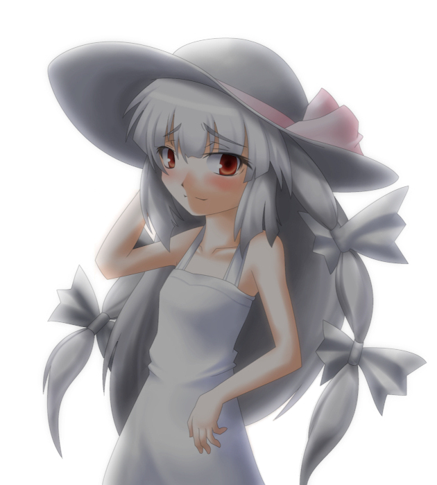 1girl blush dress female_focus flat_chest fujiwara_no_mokou hat long_hair looking_at_viewer naginami red_eyes simple_background smile solo sun_hat sundress touhou very_long_hair white_background