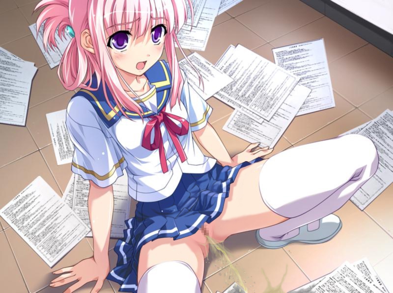 1girl blue_skirt blush censored female_focus indoors mosaic_censoring natsumegu no_panties nojima_hotori peeing pink_hair pleated_skirt purple_eyes pussy school_uniform skirt solo spread_legs squatting thighhighs tile_floor tiles tsukasa_yuuki white_thighhighs